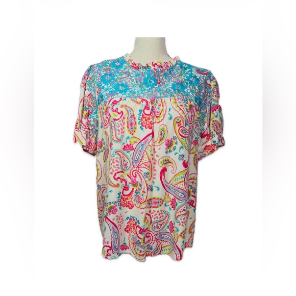 Savanna Jane Tops - Savanna Jane Embroidered Paisley Blouse Size M Multicolor Short Sleeve